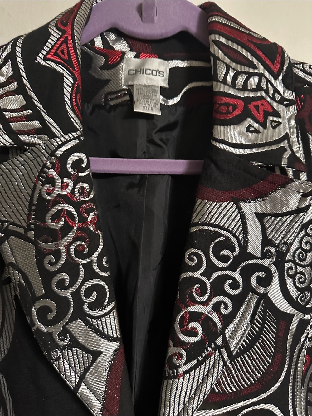 Chico's Black Jacket with Silver and Burgundy Jacquard Accents